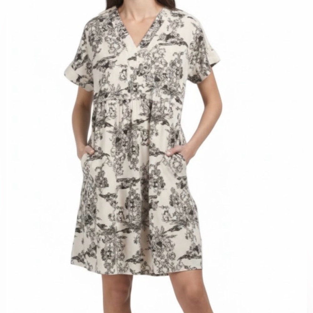 FRANCESCA BETTINI Elegant Print Black & Cream Patterned Mini Dress With Pockets